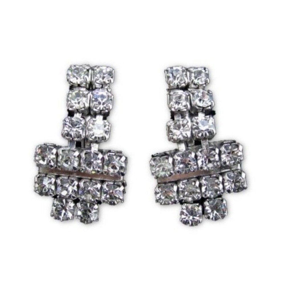 Vintage Rhodium Plated Art Deco Clear‎ Rhinestone Sparkling SB Earrings